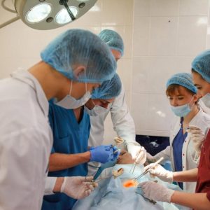 Emergency appendix removal surgery being carried out by a hospital surgical team